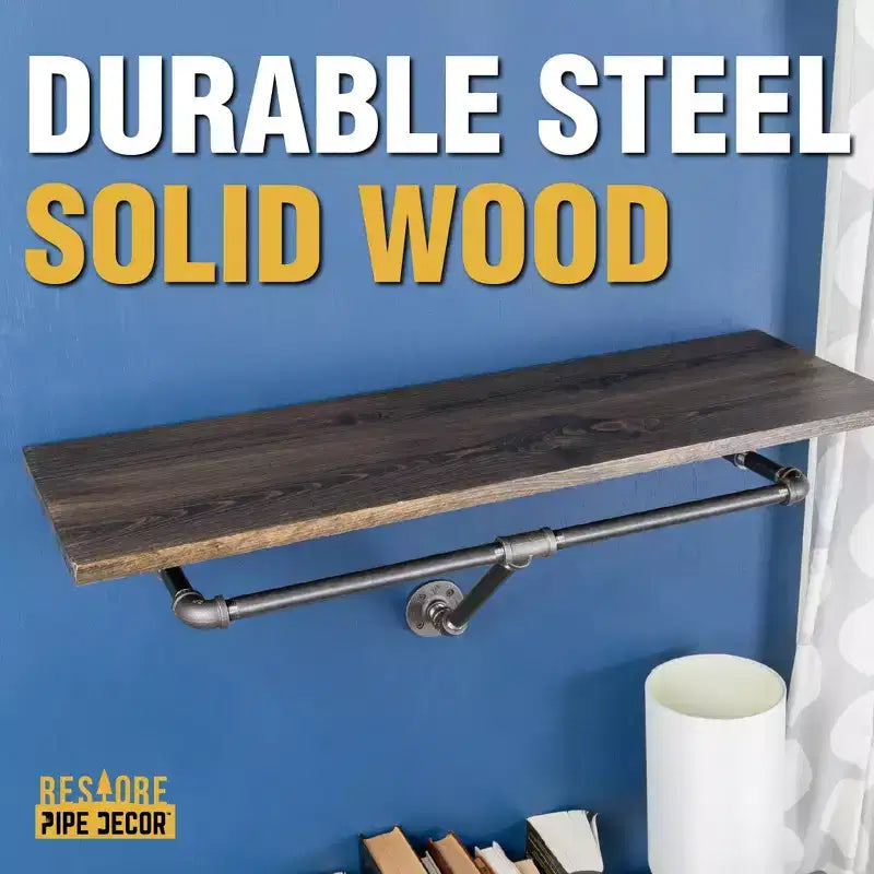 Pipe Decor 36 in. Wall Mounted Clothing Rack with Wood Shelf, Boulder Black