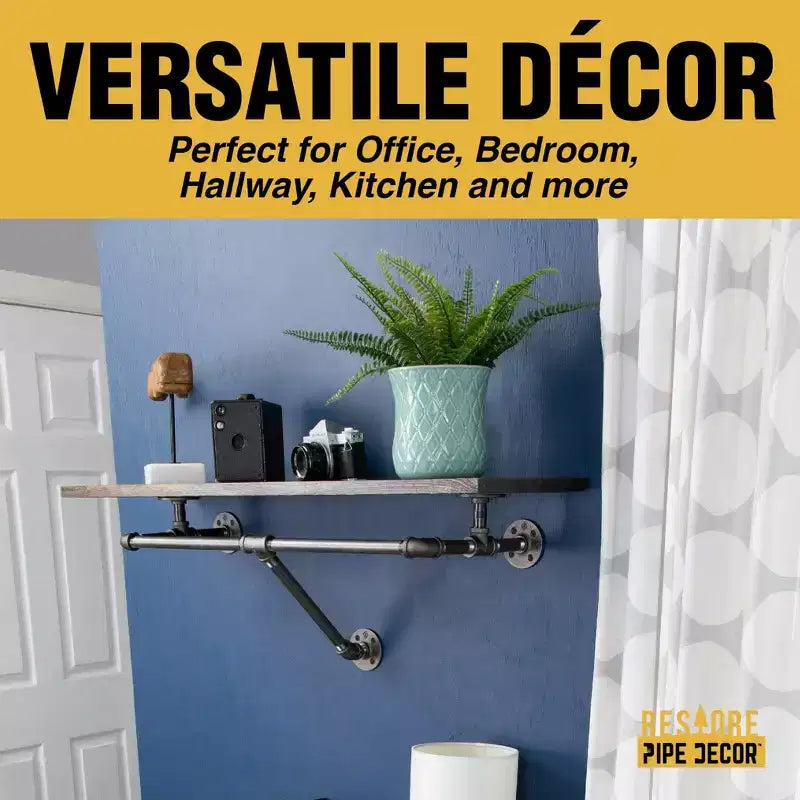 Pipe Decor 36 in. Wall Mounted Clothing Rack with Wood Shelf, Boulder Black