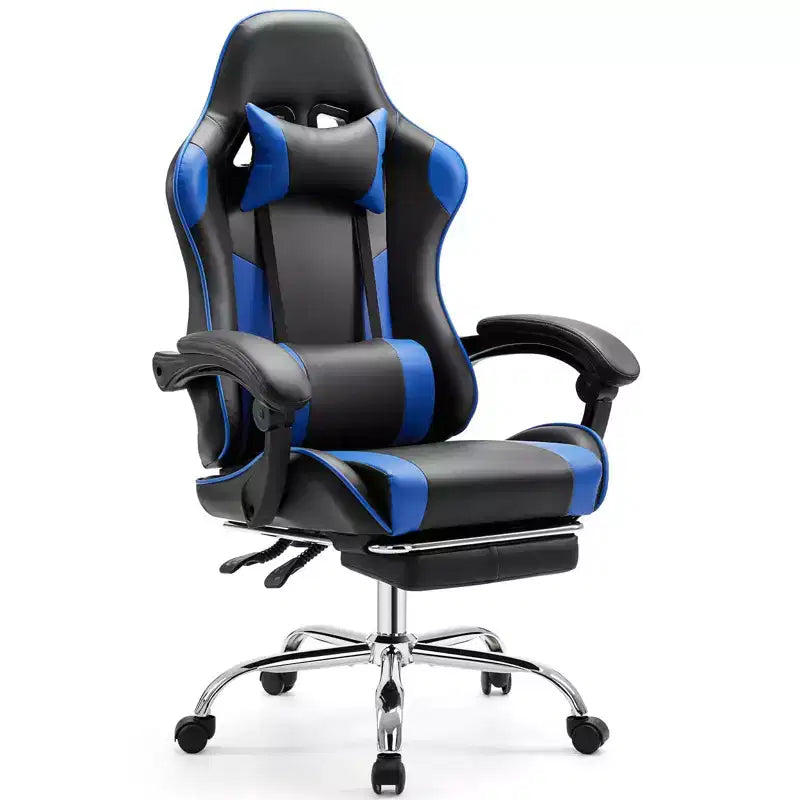 Silla de juegos MAYEERTY Silla de escritorio para videojuegos Ergonómica para computadora con reposapiés, soporte lumbar cómodo, reclinable de cuero PU con reposacabezas, reposabrazos fijos