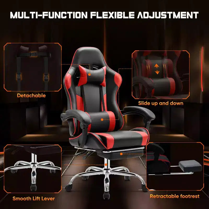 Silla de juegos MAYEERTY Silla de escritorio para videojuegos Ergonómica para computadora con reposapiés, soporte lumbar cómodo, reclinable de cuero PU con reposacabezas, reposabrazos fijos