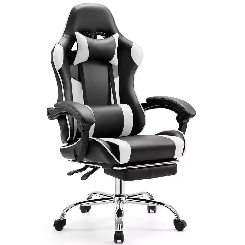 Silla de juegos MAYEERTY Silla de escritorio para videojuegos Ergonómica para computadora con reposapiés, soporte lumbar cómodo, reclinable de cuero PU con reposacabezas, reposabrazos fijos