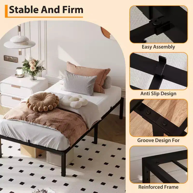 Base de cama sin cabecero, estructura de cama de plataforma de metal con 12.8 pulgadas de espacio de almacenamiento debajo de la cama, soporte de láminas de metal, no requiere somier