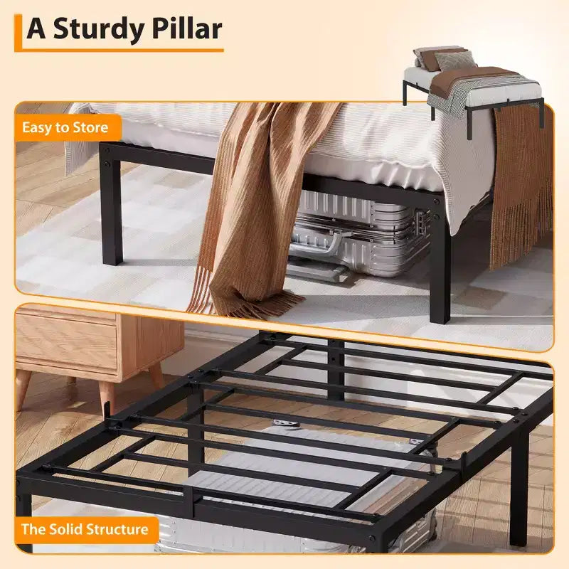 Base de cama sin cabecero, estructura de cama de plataforma de metal con 12.8 pulgadas de espacio de almacenamiento debajo de la cama, soporte de láminas de metal, no requiere somier