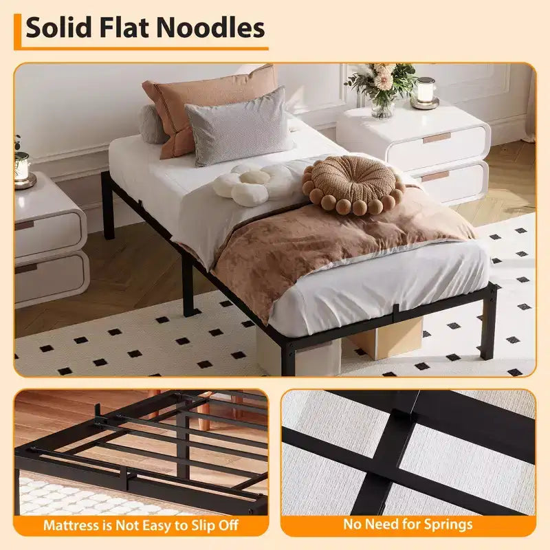 Base de cama sin cabecero, estructura de cama de plataforma de metal con 12.8 pulgadas de espacio de almacenamiento debajo de la cama, soporte de láminas de metal, no requiere somier