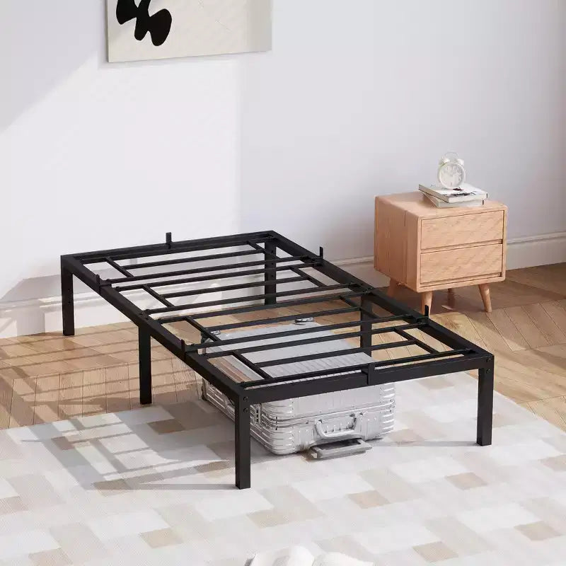 Base de cama sin cabecero, estructura de cama de plataforma de metal con 12.8 pulgadas de espacio de almacenamiento debajo de la cama, soporte de láminas de metal, no requiere somier