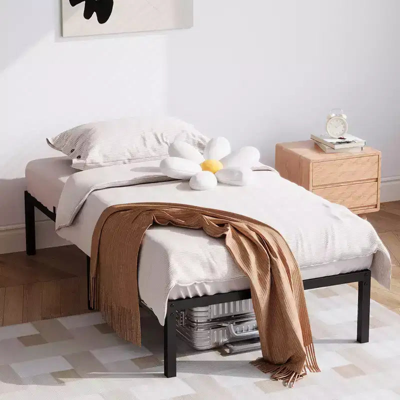 Base de cama sin cabecero, estructura de cama de plataforma de metal con 12.8 pulgadas de espacio de almacenamiento debajo de la cama, soporte de láminas de metal, no requiere somier