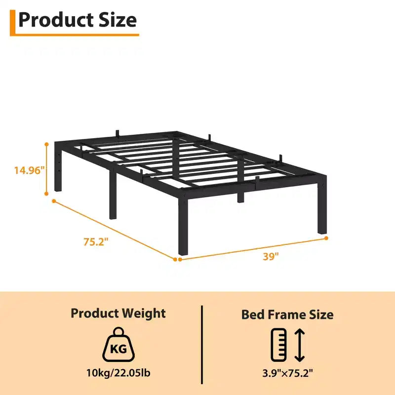 Base de cama sin cabecero, estructura de cama de plataforma de metal con 12.8 pulgadas de espacio de almacenamiento debajo de la cama, soporte de láminas de metal, no requiere somier