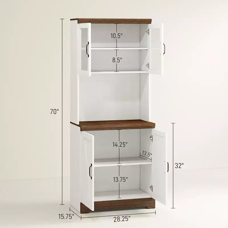 Armario de despensa de granja de 70", gabinete de almacenamiento de cocina con puertas de vidrio, estantes ajustables, encimera abierta para microondas