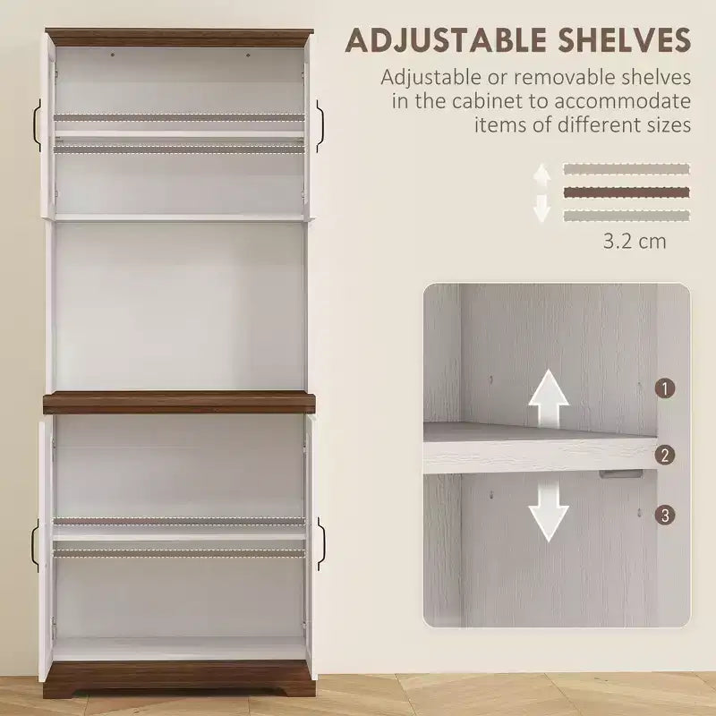 Armario de despensa de granja de 70", gabinete de almacenamiento de cocina con puertas de vidrio, estantes ajustables, encimera abierta para microondas