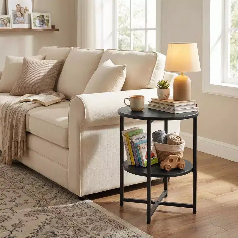 Homy Casa Round 2-Tier End Table with Metal Frame and Wood Shelves, Black Oak
