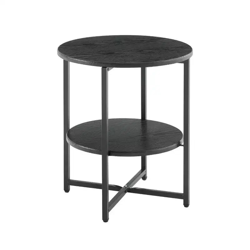 Mesa auxiliar redonda Homy Casa de 2 niveles con estructura metálica y estantes de madera, roble negro