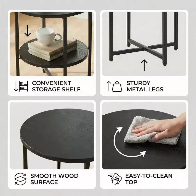 Mesa auxiliar redonda Homy Casa de 2 niveles con estructura metálica y estantes de madera, roble negro