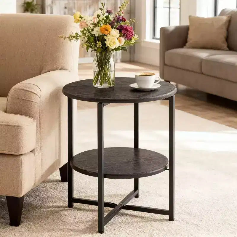 Mesa auxiliar redonda Homy Casa de 2 niveles con estructura metálica y estantes de madera, roble negro
