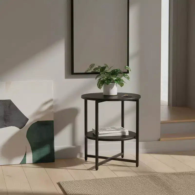 Mesa auxiliar redonda Homy Casa de 2 niveles con estructura metálica y estantes de madera, roble negro