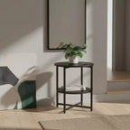 Mesa auxiliar redonda Homy Casa de 2 niveles con estructura metálica y estantes de madera, roble negro