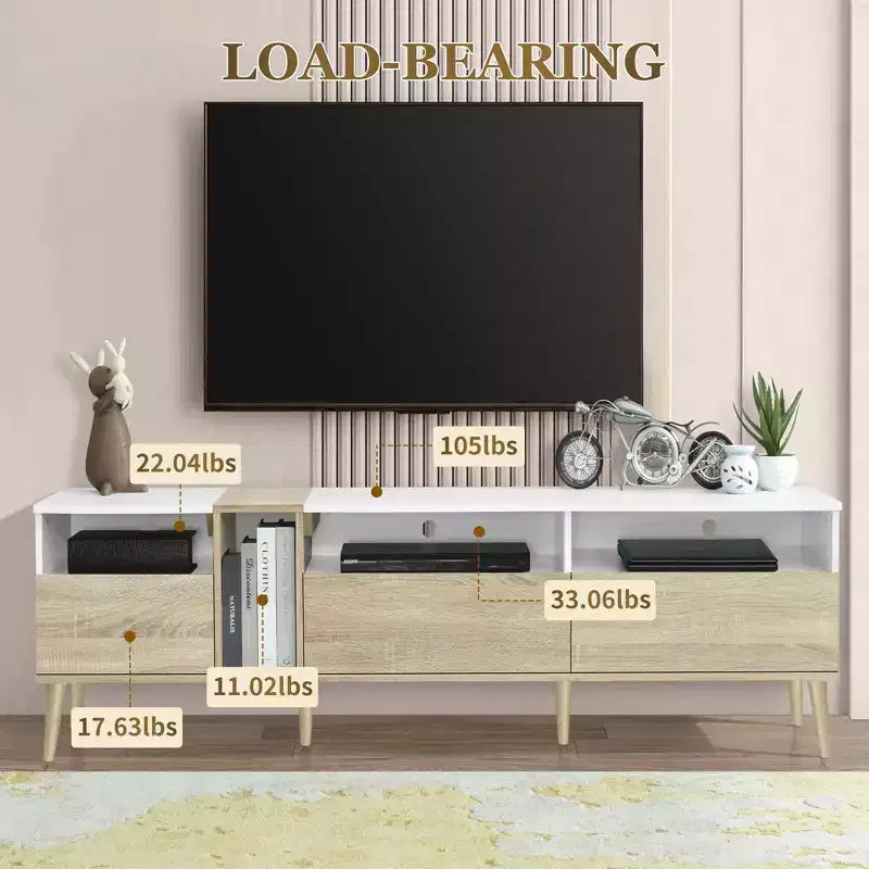 Mueble de TV moderno Bestier con 3 cajones y estantes abiertos, mesa de consola multimedia para televisores de hasta 80'', centro de entretenimiento para sala de estar, diseño a juego de colores