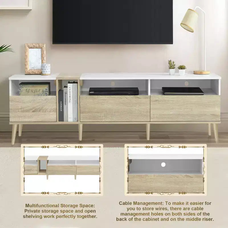 Mueble de TV moderno Bestier con 3 cajones y estantes abiertos, mesa de consola multimedia para televisores de hasta 80'', centro de entretenimiento para sala de estar, diseño a juego de colores