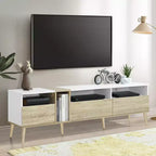 Mueble de TV moderno Bestier con 3 cajones y estantes abiertos, mesa de consola multimedia para televisores de hasta 80'', centro de entretenimiento para sala de estar, diseño a juego de colores