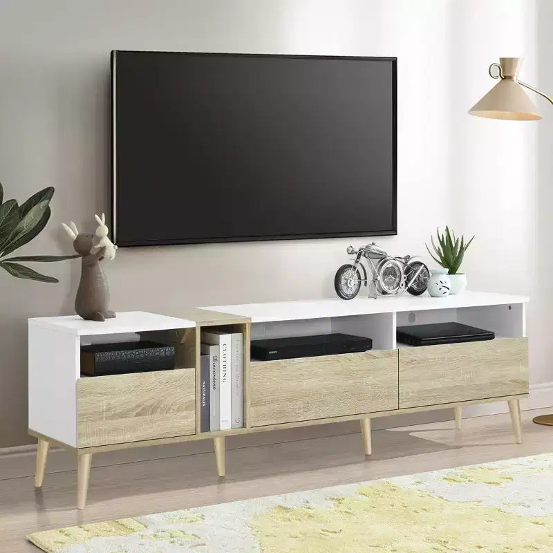 Mueble de TV moderno Bestier con 3 cajones y estantes abiertos, mesa de consola multimedia para televisores de hasta 80'', centro de entretenimiento para sala de estar, diseño a juego de colores