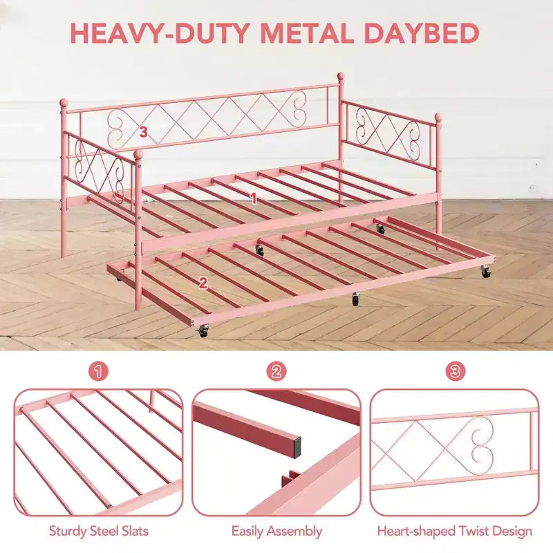 Base de cama doble con plataforma de metal resistente, base para colchón con listones, sofá cama con cabecero para dormitorio, sala de estar y habitación de invitados