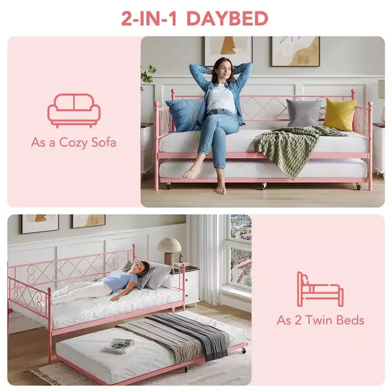 Base de cama doble con plataforma de metal resistente, base para colchón con listones, sofá cama con cabecero para dormitorio, sala de estar y habitación de invitados