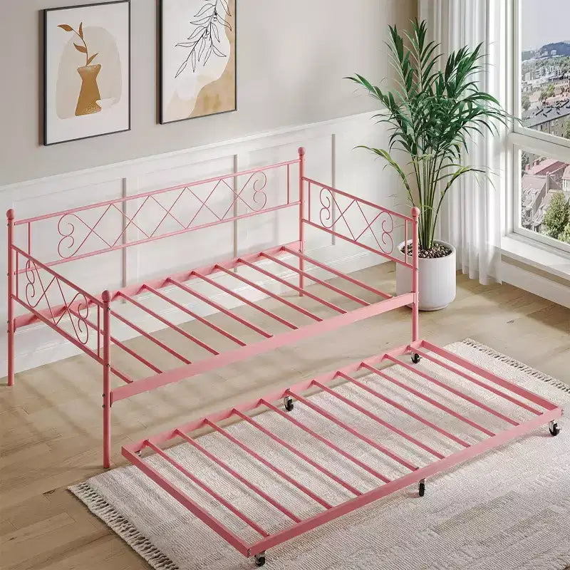 Base de cama doble con plataforma de metal resistente, base para colchón con listones, sofá cama con cabecero para dormitorio, sala de estar y habitación de invitados