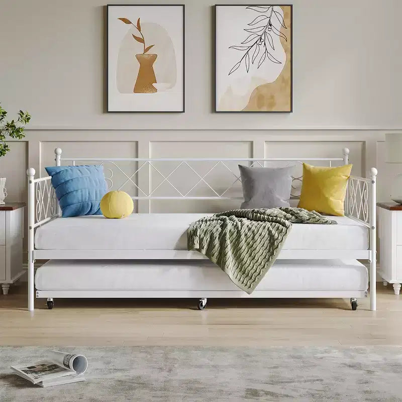 Base de cama doble con plataforma de metal resistente, base para colchón con listones, sofá cama con cabecero para dormitorio, sala de estar y habitación de invitados