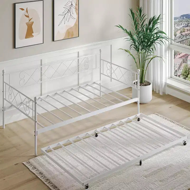 Base de cama doble con plataforma de metal resistente, base para colchón con listones, sofá cama con cabecero para dormitorio, sala de estar y habitación de invitados