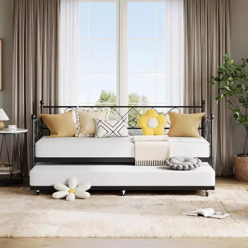 Base de cama doble con plataforma de metal resistente, base para colchón con listones, sofá cama con cabecero para dormitorio, sala de estar y habitación de invitados