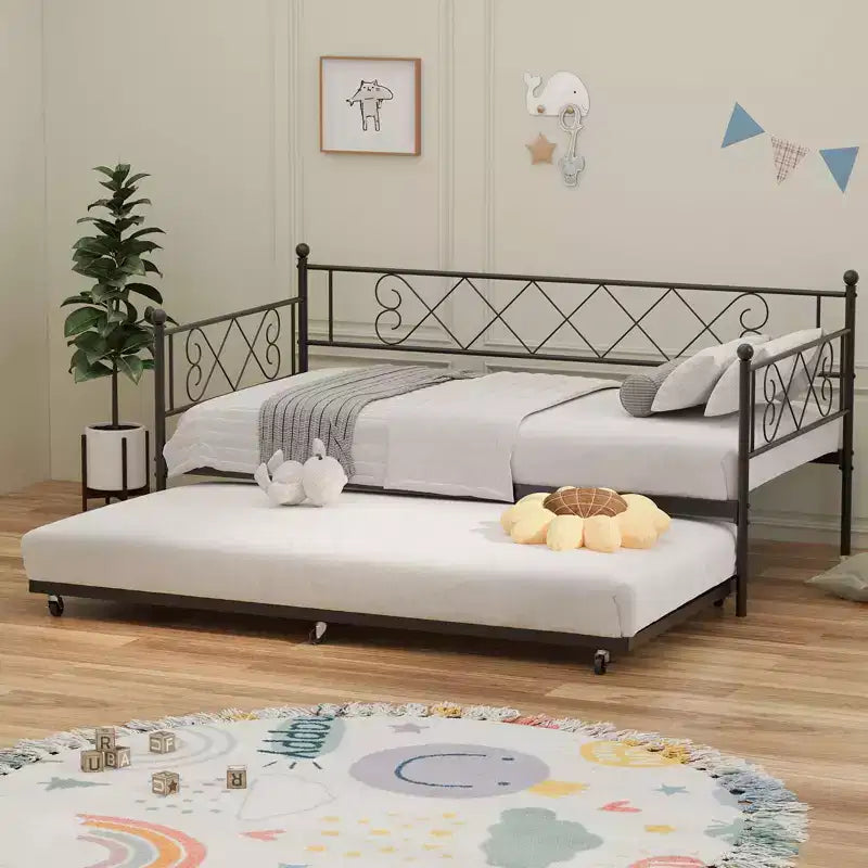 Base de cama doble con plataforma de metal resistente, base para colchón con listones, sofá cama con cabecero para dormitorio, sala de estar y habitación de invitados