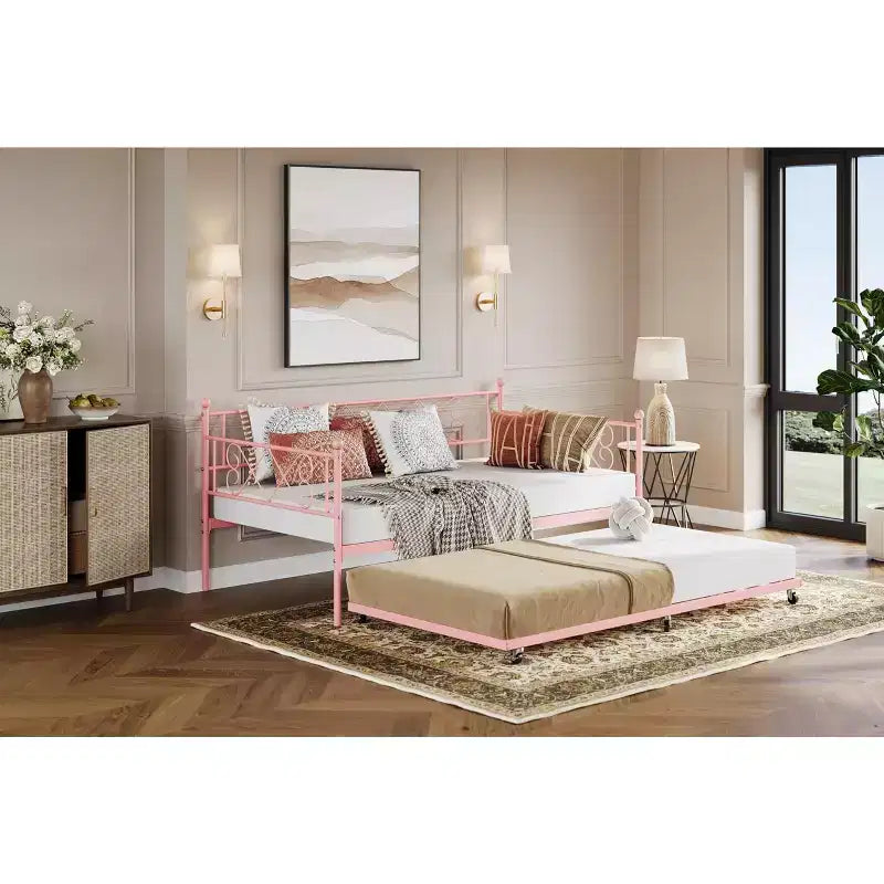 Base de cama doble con plataforma de metal resistente, base para colchón con listones, sofá cama con cabecero para dormitorio, sala de estar y habitación de invitados