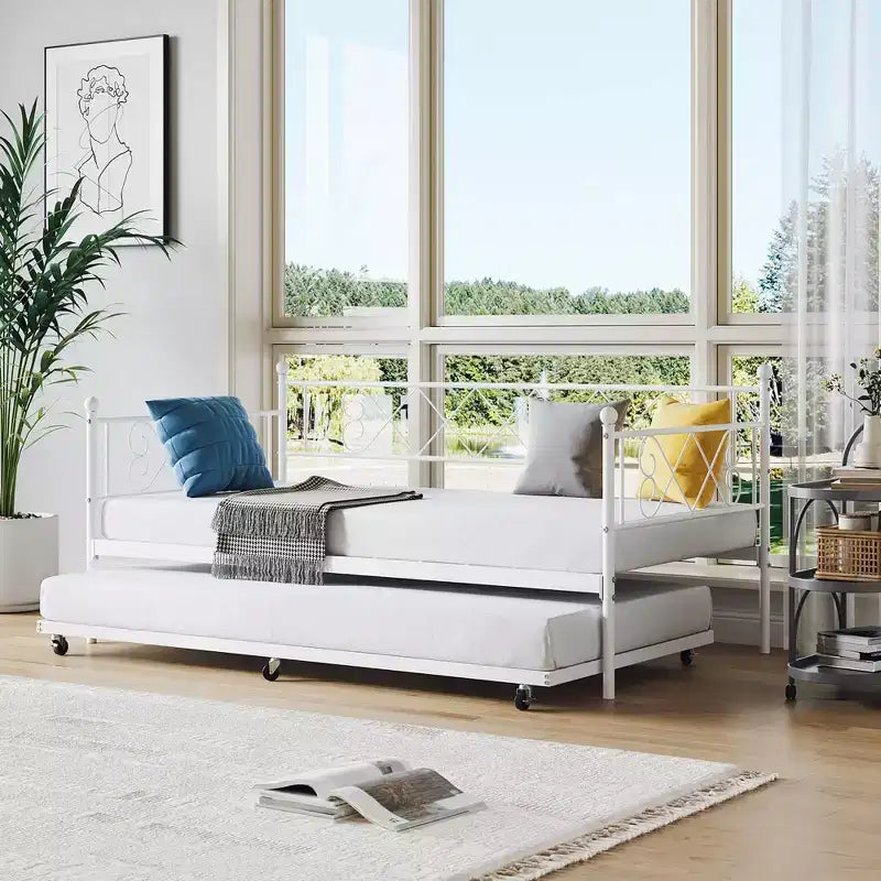 Base de cama doble con plataforma de metal resistente, base para colchón con listones, sofá cama con cabecero para dormitorio, sala de estar y habitación de invitados