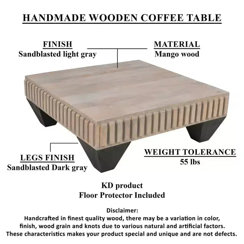 Mesa de centro cuadrada Royal Hampton Tokyo Inspired de 36 pulgadas de madera de mango, hecha a mano con elegante acabado gris arenado y patas cónicas