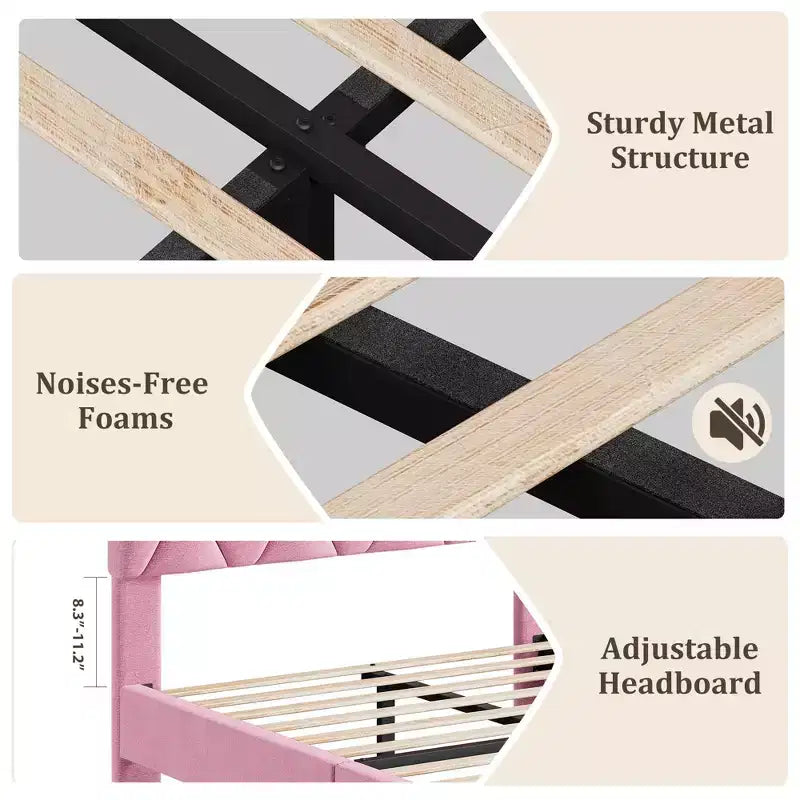 Estructura de cama tapizada con cabecero ajustable, resistente, sin ruido, no necesita somier