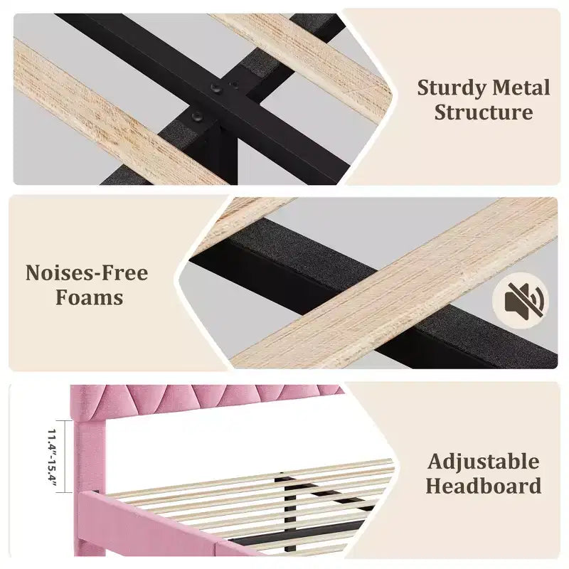 Estructura de cama tapizada con cabecero ajustable, resistente, sin ruido, no necesita somier