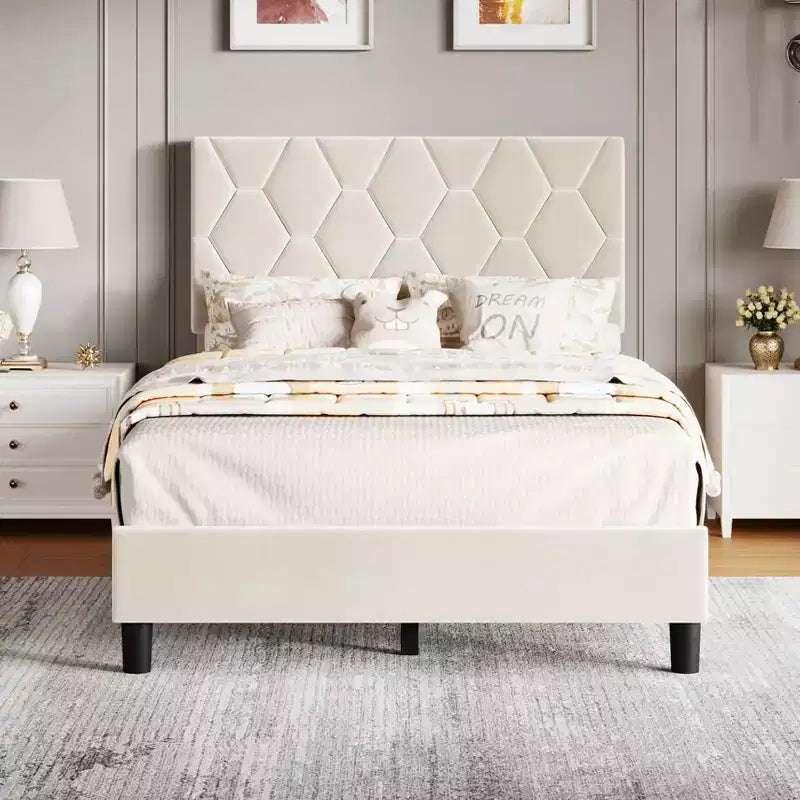 Estructura de cama tapizada con cabecero ajustable, resistente, sin ruido, no necesita somier