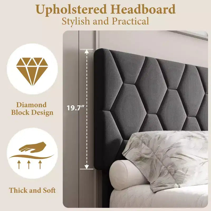 Estructura de cama tapizada con cabecero ajustable, resistente, sin ruido, no necesita somier