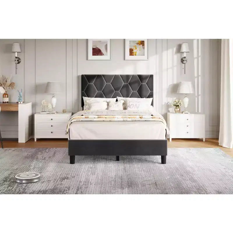 Estructura de cama tapizada con cabecero ajustable, resistente, sin ruido, no necesita somier
