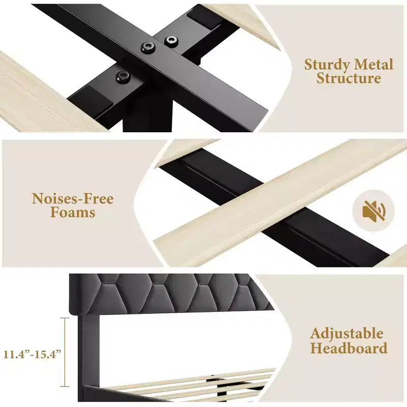 Estructura de cama tapizada con cabecero ajustable, resistente, sin ruido, no necesita somier