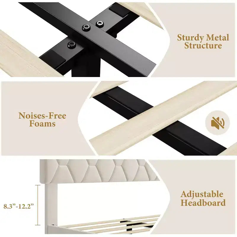 Estructura de cama tapizada con cabecero ajustable, resistente, sin ruido, no necesita somier
