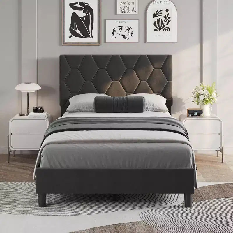 Estructura de cama tapizada con cabecero ajustable, resistente, sin ruido, no necesita somier