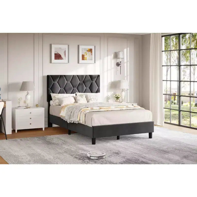 Estructura de cama tapizada con cabecero ajustable, resistente, sin ruido, no necesita somier