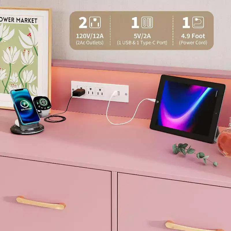 Cómoda de 47 pulgadas de ancho para dormitorio con 5 cajones espaciosos y luces LED, cómoda con estación de carga incorporada, mueble independiente