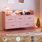 Cómoda de 47 pulgadas de ancho para dormitorio con 5 cajones espaciosos y luces LED, cómoda con estación de carga incorporada, mueble independiente