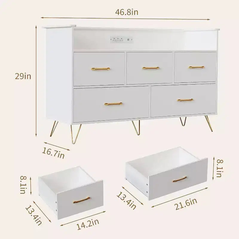 Cómoda de 47 pulgadas de ancho para dormitorio con 5 cajones espaciosos y luces LED, cómoda con estación de carga incorporada, mueble independiente