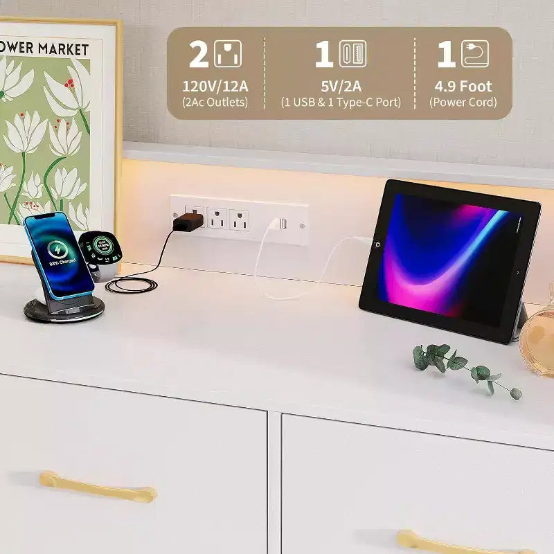 Cómoda de 47 pulgadas de ancho para dormitorio con 5 cajones espaciosos y luces LED, cómoda con estación de carga incorporada, mueble independiente
