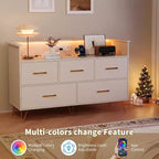 Cómoda de 47 pulgadas de ancho para dormitorio con 5 cajones espaciosos y luces LED, cómoda con estación de carga incorporada, mueble independiente