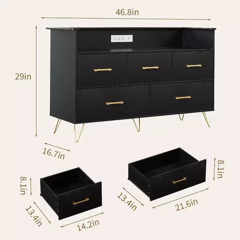 Cómoda de 47 pulgadas de ancho para dormitorio con 5 cajones espaciosos y luces LED, cómoda con estación de carga incorporada, mueble independiente