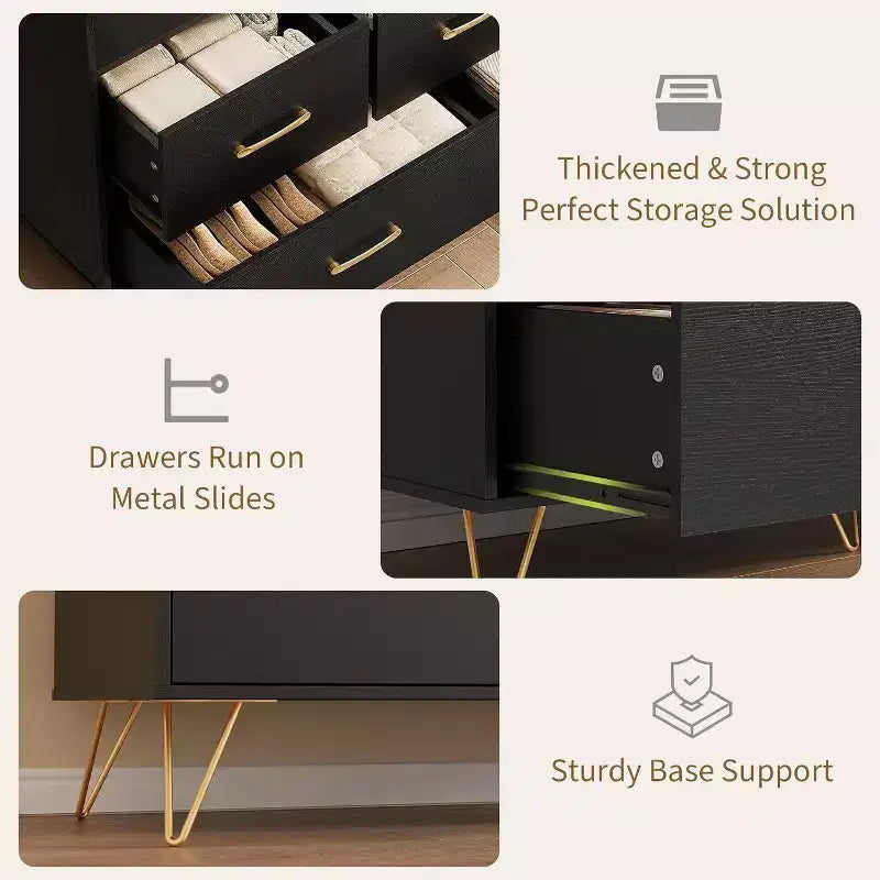 Cómoda de 47 pulgadas de ancho para dormitorio con 5 cajones espaciosos y luces LED, cómoda con estación de carga incorporada, mueble independiente