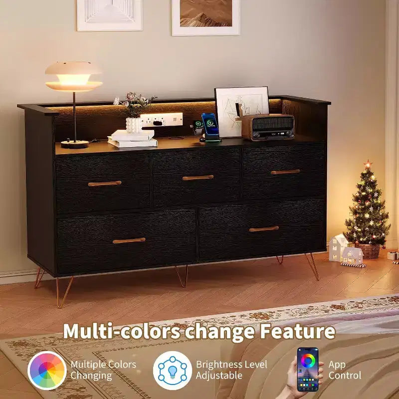 Cómoda de 47 pulgadas de ancho para dormitorio con 5 cajones espaciosos y luces LED, cómoda con estación de carga incorporada, mueble independiente